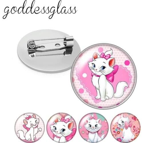 Disney Cute Marie Cat Girls Gift Round Glass cabochon Silver color Brooch Dome Photo Jewelry Brooches Pin For Gift