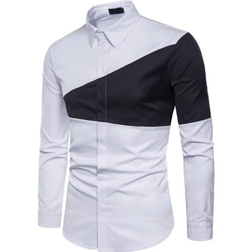 Casual Mens Shirt Two-color Triangle Stitch Geometry Fashion Match Lapel Long-sleeved Top Slim Patchwork Color Block Shirts