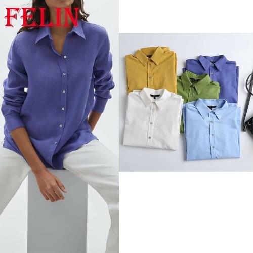 Women Office Lady Cotton Shirts Za Fashion 2021 Single Button Loose Long Shirt Female Blouse Long Sleeve Elegant Chic Mujer Tops