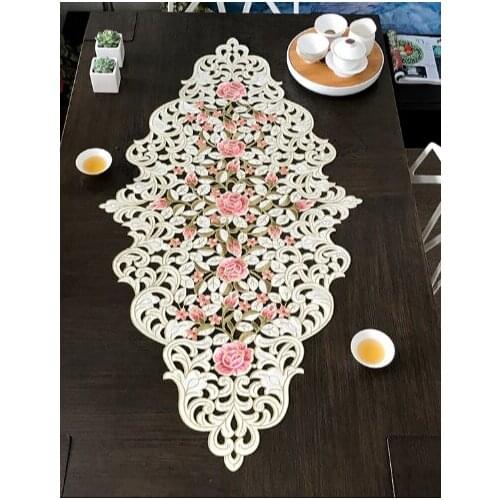Pink Rose 60*120cm Elegant Embroidery Table Runner Pastoral Fabric Tea tablecloth, Luxury Table mat table Cover for decoration