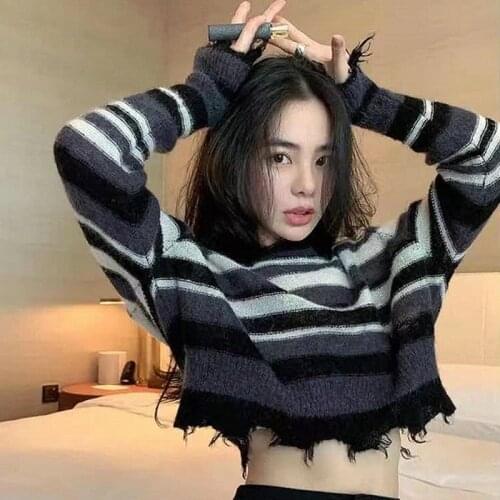 Turtleneck Sweater Pink and Purple Striped Hole Cropped Pullover Sweaters 2021 Women Fashion Batwing Sleeve Knitwear Clothing