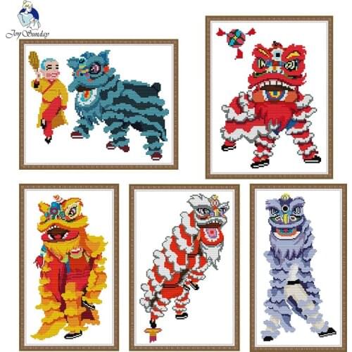 Lion Dance Series Cross Stitch DIY Cartoon Animal Pattern Embroidery Kit 14CT11CT Needlework Sewing Kit Home Decoration Painting
