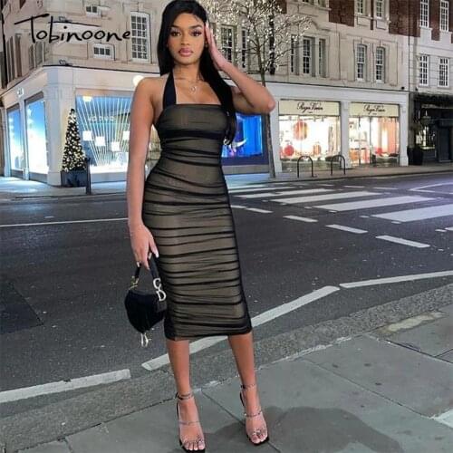 Tobinoone Halter Ruched Mesh Dress Black Stretchy Sexy Women Outfits Slit Elegant Midi Dress Bodycon Club Wear Party Dresses