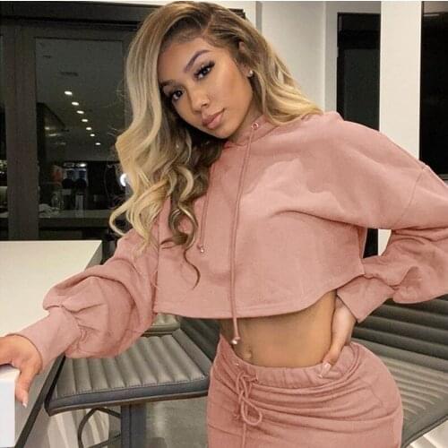 Streetwear Tracksuit Women 2 Piece Set Winter Clothes Casual Club Matching Sets Puff Sleeve Hoodies and Bandage Mini Skirt Set