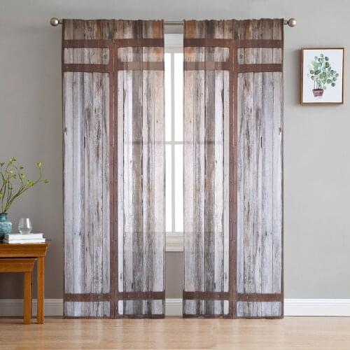 Farm Barn Wooden Door Sheer Curtains for Living Room Bedroom Kitchen Tulle for Windows Voile Drapes Home Decoration