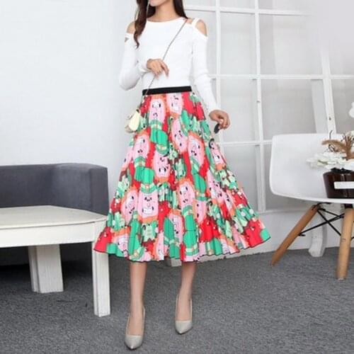 QRWR Fashion 2020 Womenswear Ladies Floral Skirt Midi Length Bohemian Summer Skirts Elastic Waist Casual Pleated Skirt Women