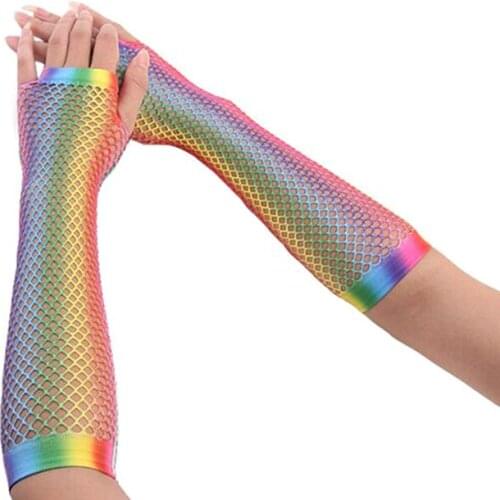 1Pair Women Rainbow Print Gloves Dance Costume Performance Fingerless Mesh Fishnet New Gloves Hollow Out Holes Gloves
