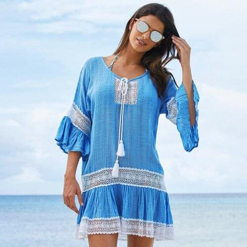 2020 Sexy Crochet Beach Cover Up Tassel Tie Beachwear Tunic Long Pareos Summer Swimsuit See-through Beach Dress Bikini