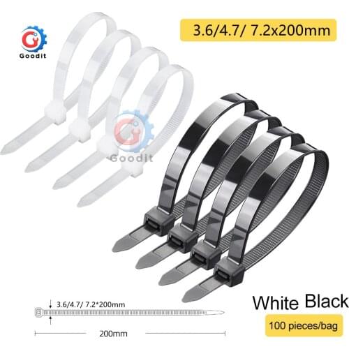 3.6x200mm 4.7x200mm 7.2x200mm Assorted Self-Locking Nylon Cable Ties Black Plastic Zip Tie Loop Wire Wrap Zip Ties 100PCS/bag