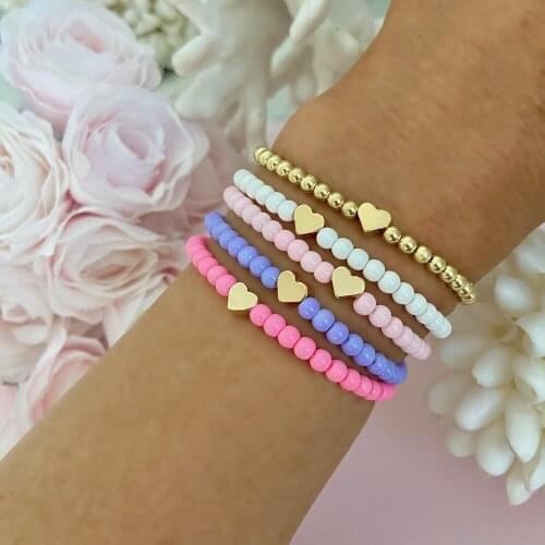 5pcs/set Cute Solid Color Beads Heart Bracelets Bohemia Gold Color Beaded Acrylic Bracelet For Women Charms Elastic Rope Jewelry