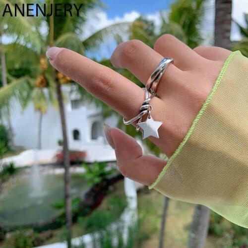 ANENJERY 925 Sterling Silver Double Layer Cross X-shaped Pentagram Thai Silver Ring Open Finger Ring For Women Jewelry S-R753