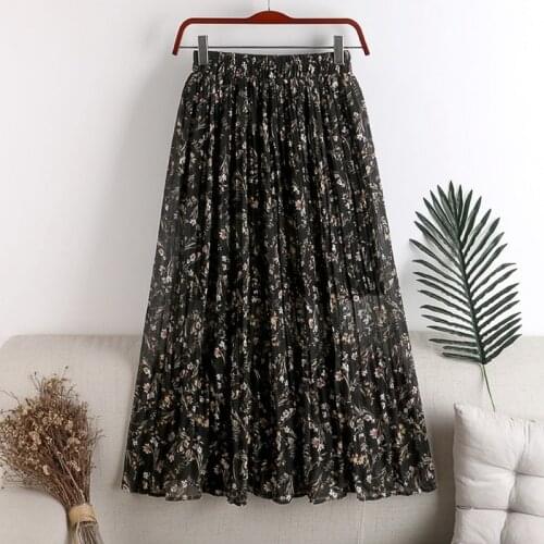 White Floral Print Midi Pleated Skirts Women 2021 Summer Fashion Elastic High Waisted Casual Chiffon Long Skirt Female Jupe