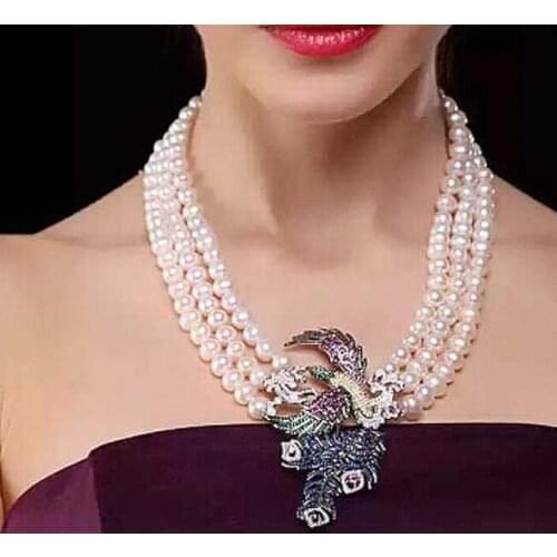 Free shipping Jewelry 2strands 7-8 mm natural south sea white pearl 8mm lapis lazuli jade necklace micro inlay zircon pendant