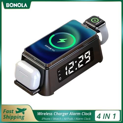 Bonola 15W Qi Alarm Clock Wireless Charger Pad for apple iPhone 12 11 XS XR 8 Plus Charger for Apple Watch 6 5 4/Airpods 2/Pro