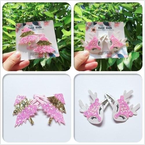 Boutique 10Sets Fashion Cute Glitter Pink Reindeer Snap Clips Christmas Tree Hair Clips Xmas Headwear Princess Hair Accessories