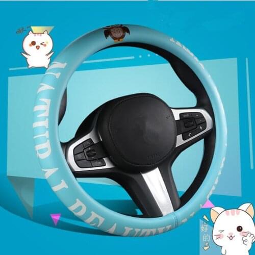 Steering Wheel Cover Pink Blue Steering Wheel Cartoon panda Car Accessories for women Cute handle cover Leather stitching