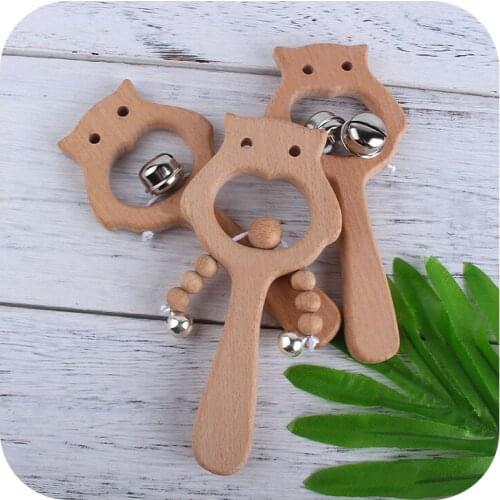 Baby Music Rattle Beech Wooden Toy Owl Bear Shape BPA Free Wood Pendant Handle Play Gym Children Product Gift Toy