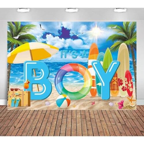 Its A Boy Summer Party Backdrop Tropical Seaside Island Beach Background Blue Sky Sea Surfboard Hawaii Sunshine Luau Banner
