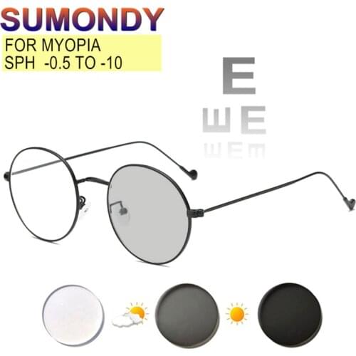 Photochromic Myopia Glasses Prescription -0.5 to -10 Women Men Round Alloy Frame Nearsighted Astigmatism Blue Ray Blocking UF44