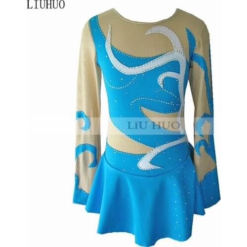 Figure Skating Dress Womens Girls' Ice Skating Dress Sky blue White blue stripes collocation Long sleeve Sexy and beautiful
