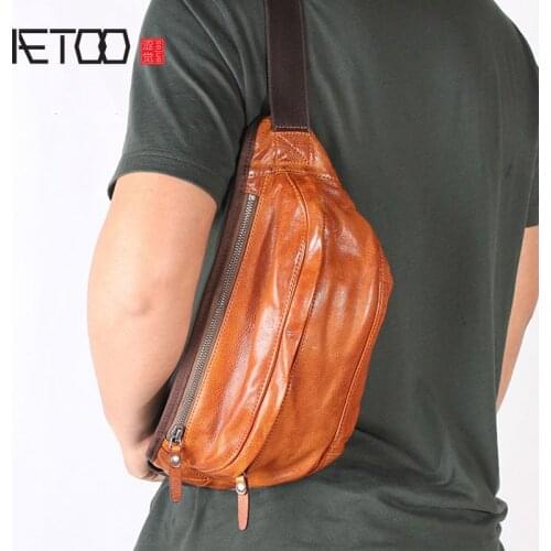 AETOO Mens chest bag, handmade mens messenger bag, retro mens leather shoulder bag, soft leather top layer cowhide casual bag