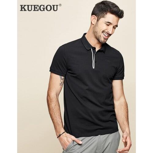 KUEGOU Brand Mens polo shirt Summer men Fashion lapel slim polo shirts with short sleeves Simple black Tops XXXL DT-5928