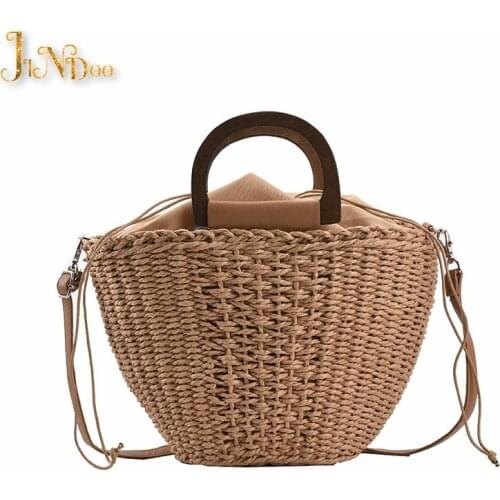 Summer Beach Straw Rattan Shoulder Bucket Crossbody Bags with Short Wooden Handle 2021 Luxury Brand Ladies Handbags and Purses