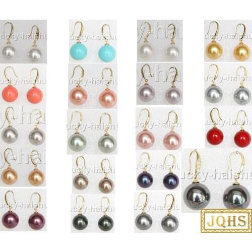 JQHS Dangle 16mm white black pink gray red blue golden south sea shell pearls earring gold plated hook j13023