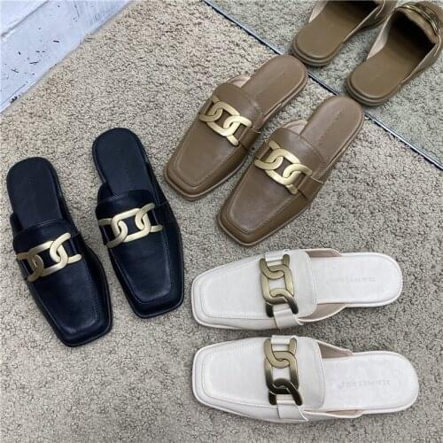 Outdoor Black Flat Mules Women Shoes PU Leather Slip on Flats Shoes for Women Square Toe Slippers Ladies Flip Flops Spring Slide
