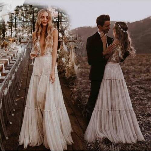 Wedding Dresses Boho 2020 Deep V-Neck Nude Champagne Dreamy Bohemian Bridal Gowns Sexy Beach Vestido De Noiva