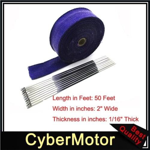 Blue 1.5*50*15m 2" x 50 Feet Lava Rock Exhaust Wrap Header Pipe Heat Insulation Thermal Tape Roll