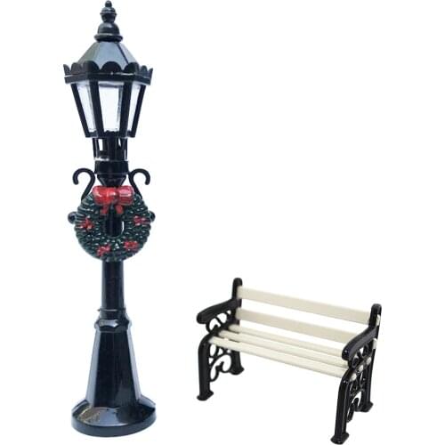 Park Bench and Lamppost Street Light Set For Dollhouse Miniature Model Decor