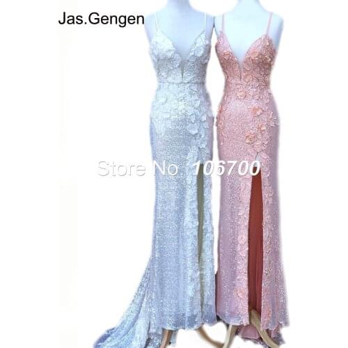 High Quality 3D Embroidery Flower Lace Evening Dress V Neck Sequins Fabric Side Splits Mermaid Party Prom Gowns 2020