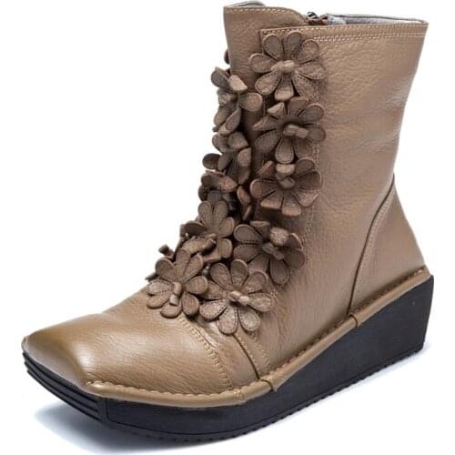 Italy Runway Flowers Women Wedges Winter Ankle Boots Gothic Sequre Toe Casual Genuine Leather Shoes 2020 New Punk Platform Boots