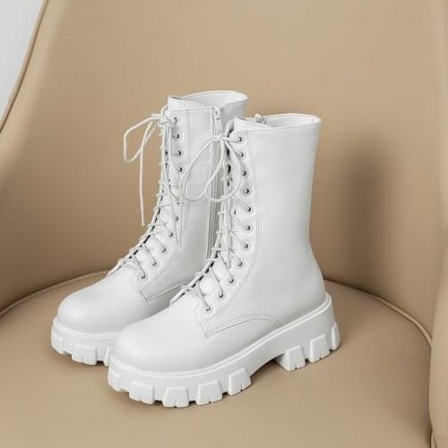 New Mid Calf Boots Women Autumn Winter Fashion Lace-up Zipper Botas Mujer Boots Sports Platform Heel Ladies Shoes women boots