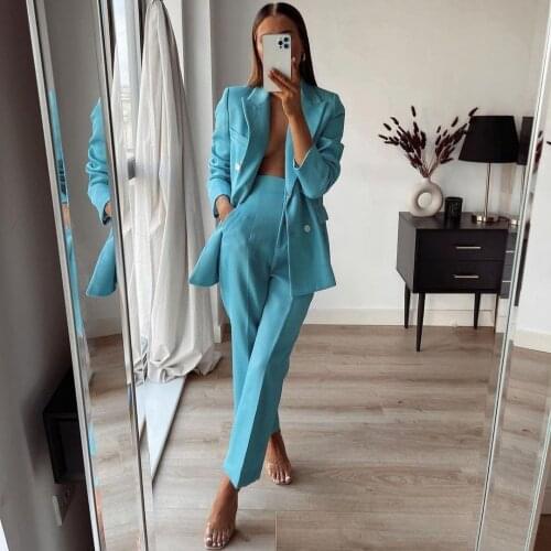 Lake Blue Women Suits Two Pieces Blazers Jacket Wide Pants Blazer Sets Lady Outfits Work Clothes Tuxedos
