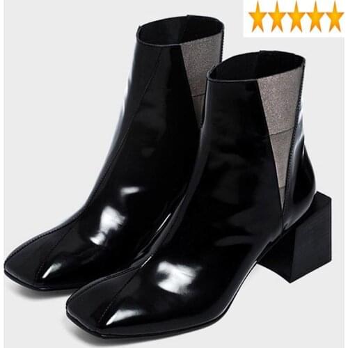Thick Patent Ankle Leather Women England Style Square Toe High Heel Autumn Black Chelsea Boots Zapatos De Mujer