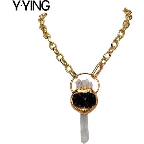 Y.YING Natural Purple Amethysts Quartzs Druzy Pendant necklace gold color plated Chain Necklace 20" unusual style for women