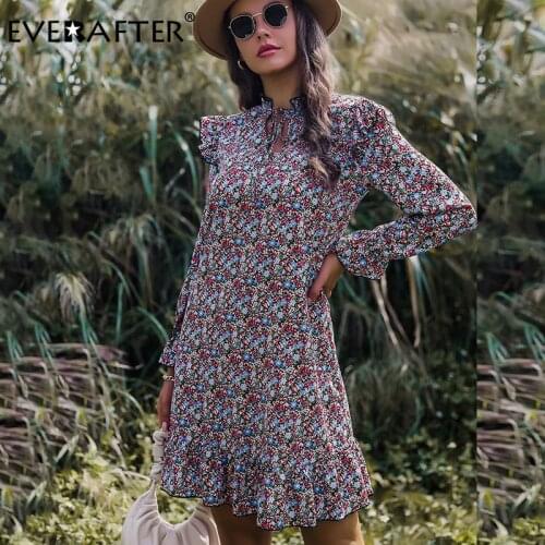 EVERAFTER Ruffled Floral Print Stand Long Sleeve Women Dress Holiday Elegant Purple Dress Lace-up Female 2021 Autumn Vestidos