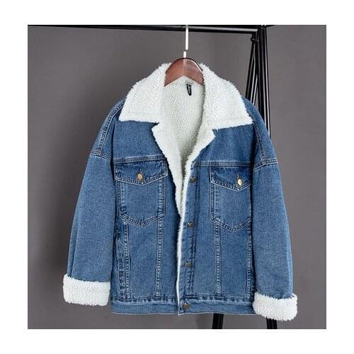 Winter Fur Denim Jacket Women Bomber Jacket Long Sleeve Washed Blue Jeans Jacket Coat