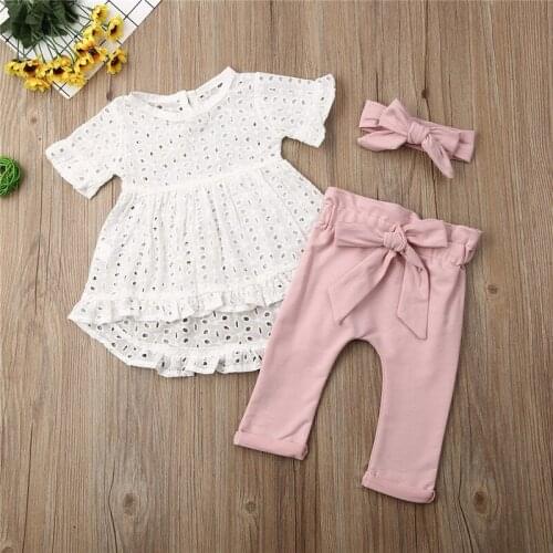 Newborn Kids Baby Girls Clothes Short Sleeve Hollow out pullover round neck T-Shirts solid Bandage Pants bow Headband 3pc Outfit