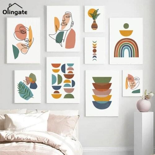 Abstract Geometric Patterns Girl Face Leaf Nordic Posters and Prints Wall Art Canvas Painting Wall Picture for Living Room Decor
