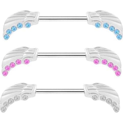 Hot sale 1 Pair Unisex Charm Personality Alloy Heart/Wing Barbell Nipple Ring Body Piercing Jewelry blue/pink/white crystal