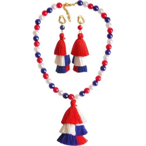 Dainty Red White Blue Stone Beads Chain Cotton Tassel Necklace Earrings Set Patriotic Independence Day Jewelry USA Collection