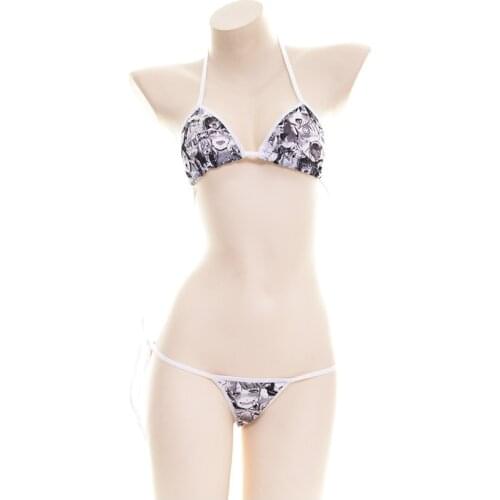 Sexy Japanese Anime Expression Print Bikini Set With Lace-up Lingerie Womens Underwear LOLITA Cosplay Bra and Panties Sets