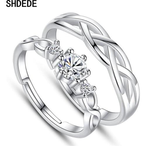 SHDEDE Couple Rings Set For Women Men Sterling Silver Open Ring Adjustable Cubic Zirconia Fashion Jewelry Gift WH174