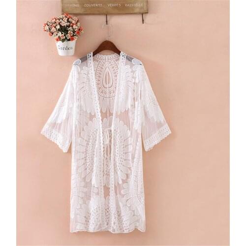 Lace Beach Cover Up Swimwear Kimono Flare Sleeve See Through Long Cardigan Bikini Outer Cover Sexy Cover-ups