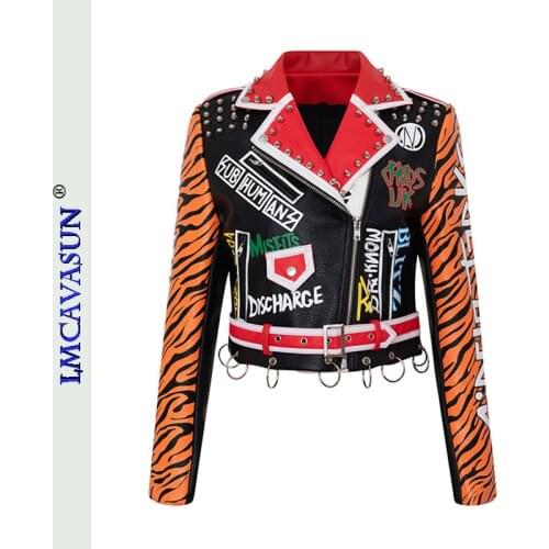 LEIMEICHEN Studded Leather Jacket Women Fashion Lapel Leopard Punk Rock PU Jackets Motorcyclist Short Coat Leather Top MT-28357