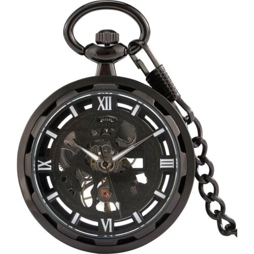 Man Woman Black Without Cover Roman Numerals Dial Manual Machinery Steampunk Pocket Watch Thick Chain High-end Full Black Watch