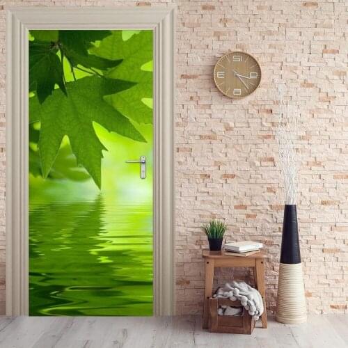 Door Mural Green Leaf Door Sticker Wallpaper 3d mural Wall Print Decal Wall Deco Photo self adhesive door wrap